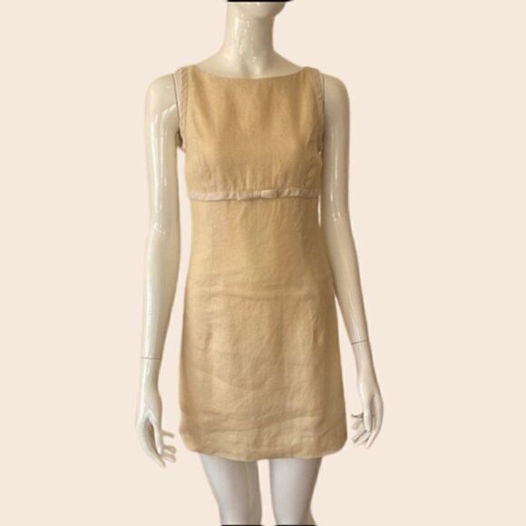 Vintage Cream and Pastel Yellow Mini Linen Dress Size 2 - Picture 1 of 12
